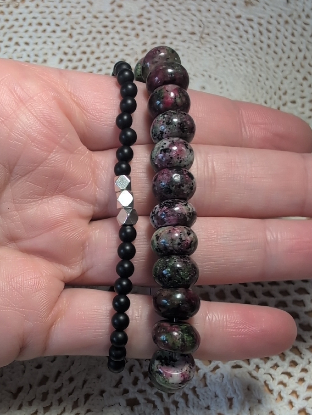 Handmade Stretch Bracelet Set, Black Spotted Quartz And Black Onyx